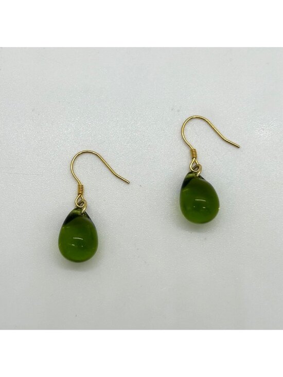 Estate Jewelry - Handmade Green Teardrop Glass Earrings With Sterling Silver Wire Hooks For Women